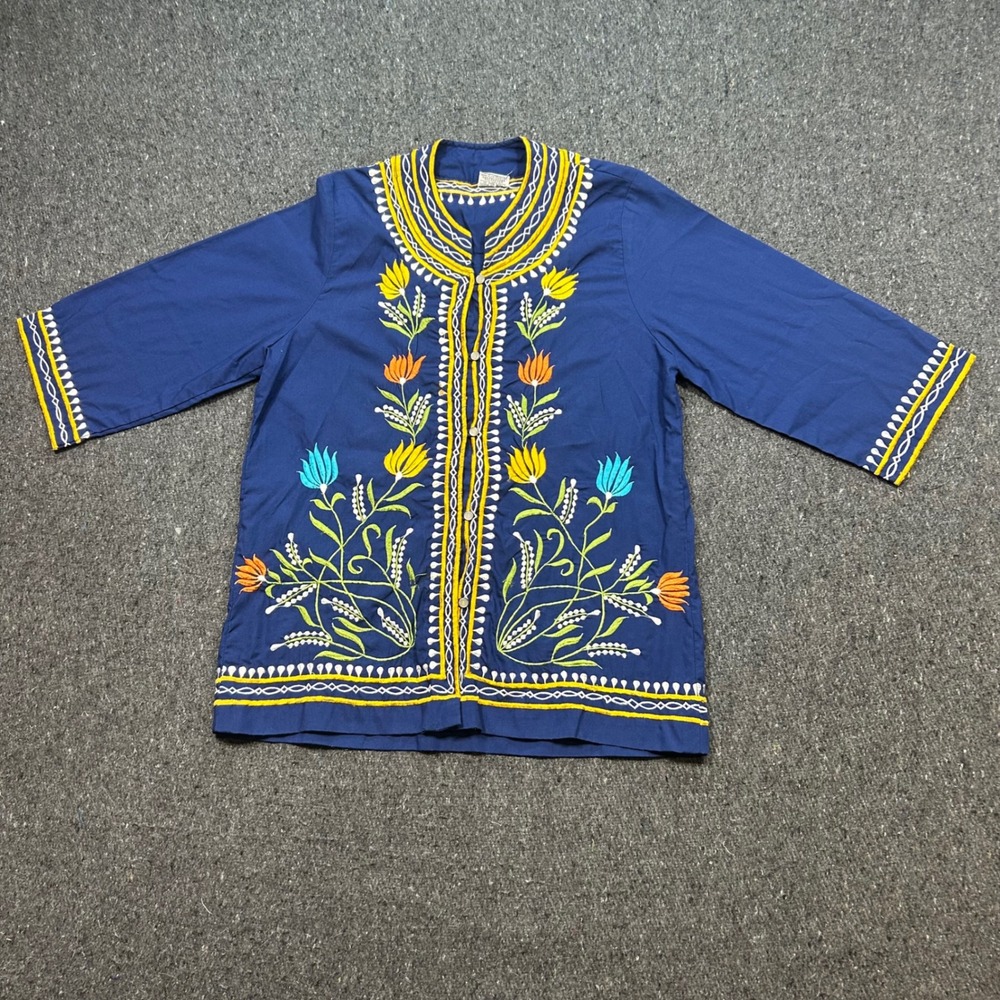 Leandra Embroidered‎ Top XL Womens Blue Boho Floral Vintage Button Up Jacket